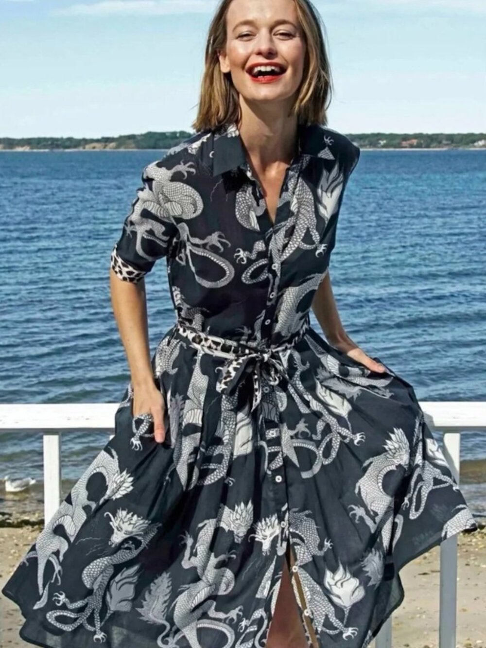 Dizzy Lizzie Mrs. Maisel Dress Black and White Dragon Print Size Small